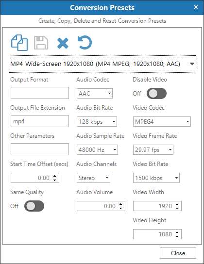 conversion presets window