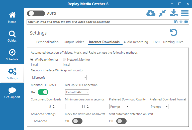 Internet Downloads settings